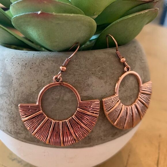 Copper Boho Fan Drop Earrings Tribal Geometric - Picture 2 of 4